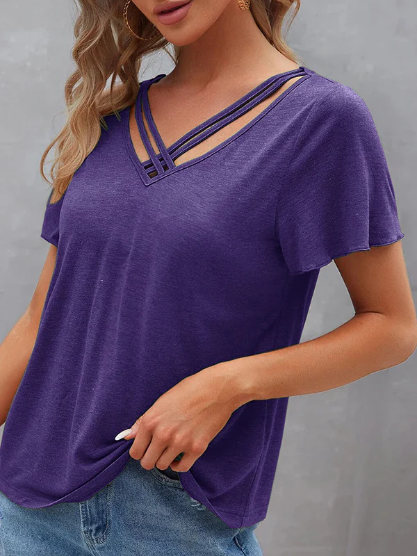 Loose Plus Size Hollow Solid Color Split-Joint V-Neck T-Shirts Tops - Image 13