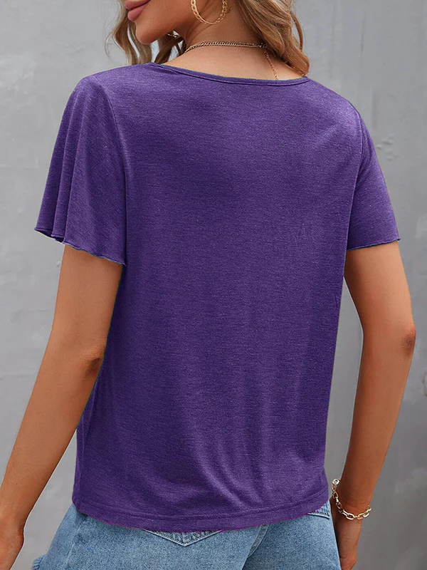 Loose Plus Size Hollow Solid Color Split-Joint V-Neck T-Shirts Tops - Image 14