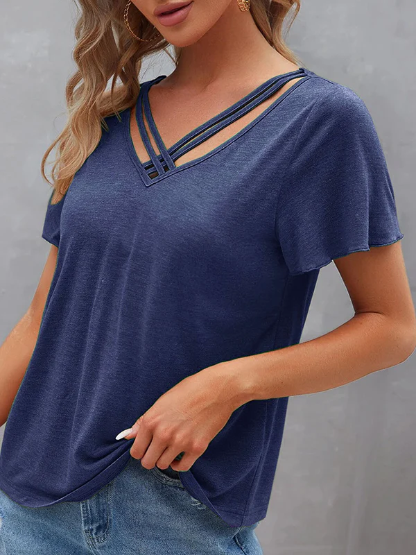 Loose Plus Size Hollow Solid Color Split-Joint V-Neck T-Shirts Tops - Image 15