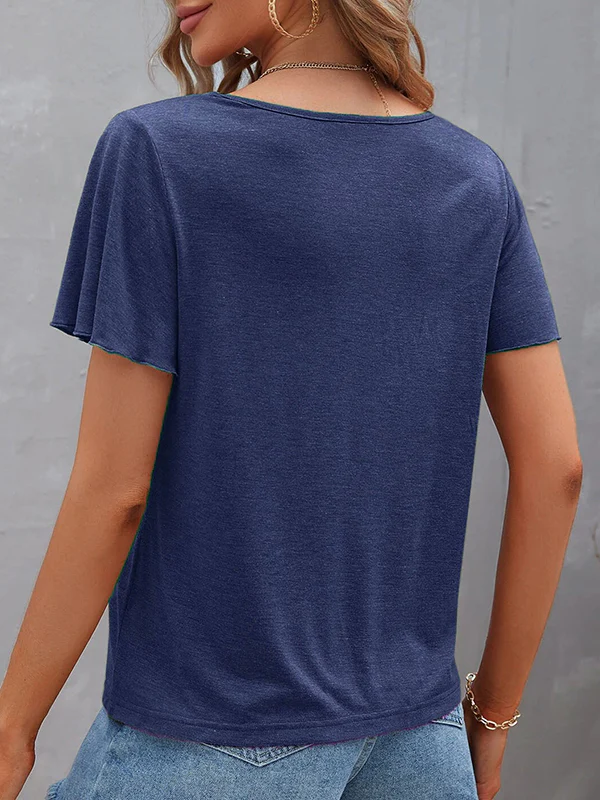 Loose Plus Size Hollow Solid Color Split-Joint V-Neck T-Shirts Tops - Image 16