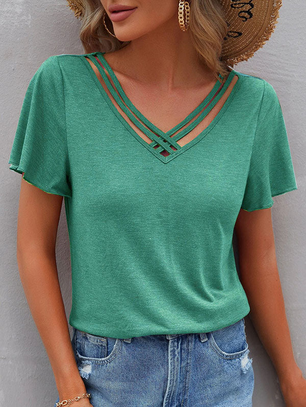 Loose Plus Size Hollow Solid Color Split-Joint V-Neck T-Shirts Tops - Image 2