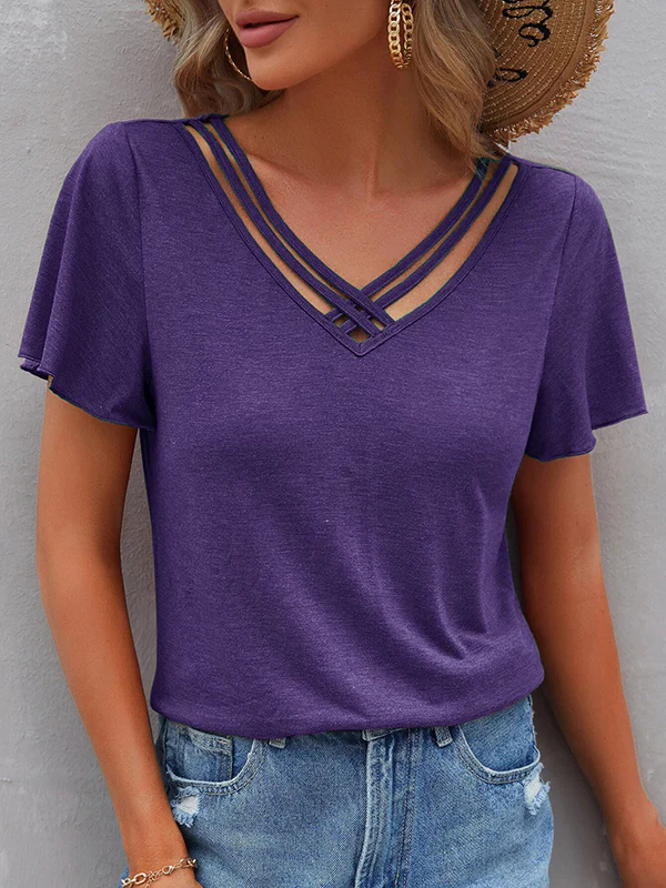 Loose Plus Size Hollow Solid Color Split-Joint V-Neck T-Shirts Tops - Image 3