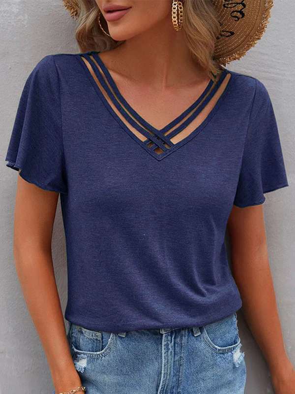 Loose Plus Size Hollow Solid Color Split-Joint V-Neck T-Shirts Tops - Image 4