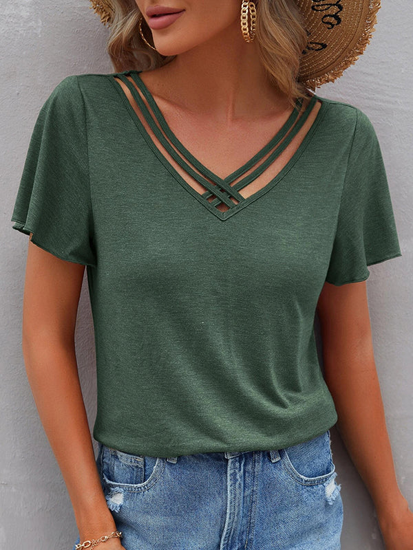 Loose Plus Size Hollow Solid Color Split-Joint V-Neck T-Shirts Tops - Image 5