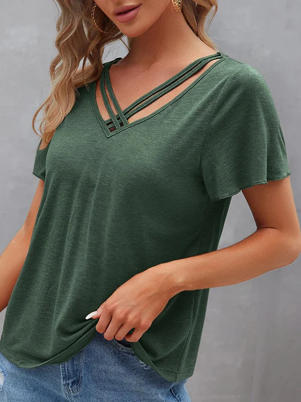 Loose Plus Size Hollow Solid Color Split-Joint V-Neck T-Shirts Tops - Image 6