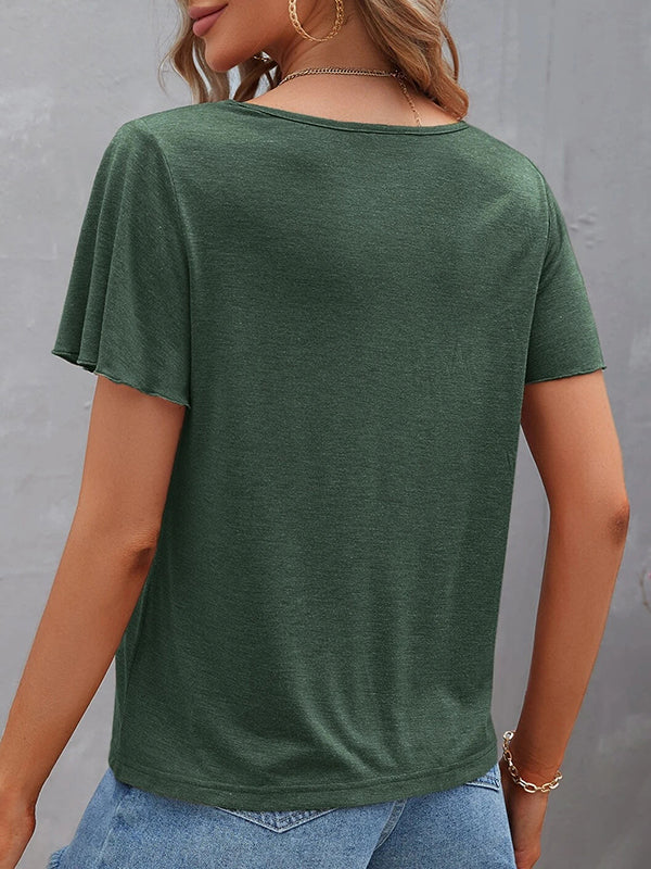 Loose Plus Size Hollow Solid Color Split-Joint V-Neck T-Shirts Tops - Image 7