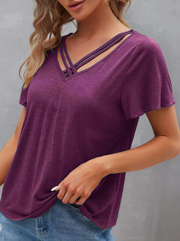 Loose Plus Size Hollow Solid Color Split-Joint V-Neck T-Shirts Tops - Image 8