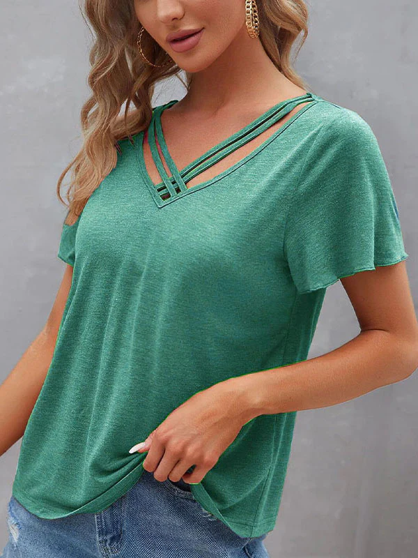 Loose Plus Size Hollow Solid Color Split-Joint V-Neck T-Shirts Tops - Image 9