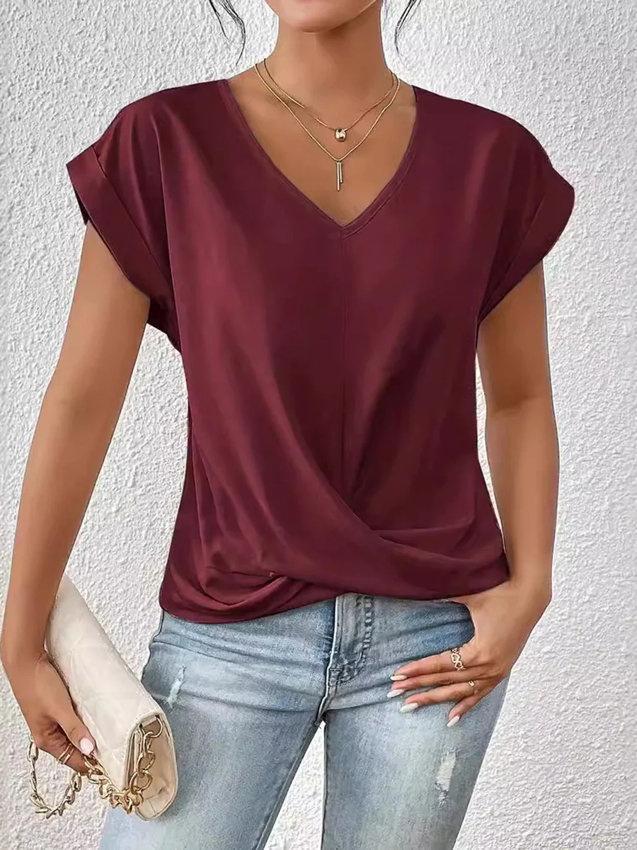 Loose Plus Size Pleated Solid Color V-Neck T-Shirts Tops - Image 4
