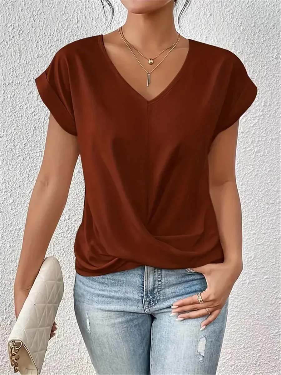 Loose Plus Size Pleated Solid Color V-Neck T-Shirts Tops - Image 5