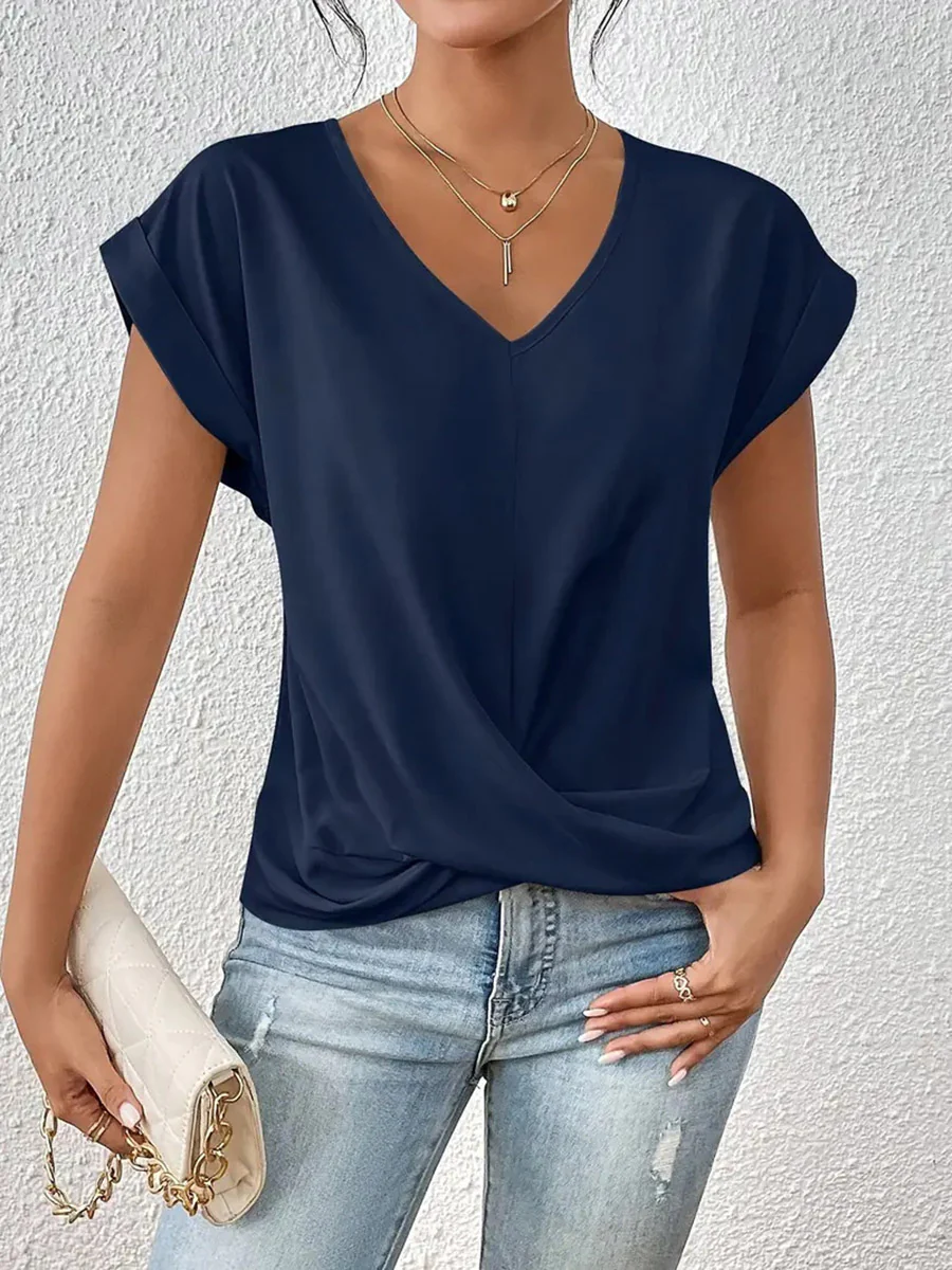 Loose Plus Size Pleated Solid Color V-Neck T-Shirts Tops - Image 7