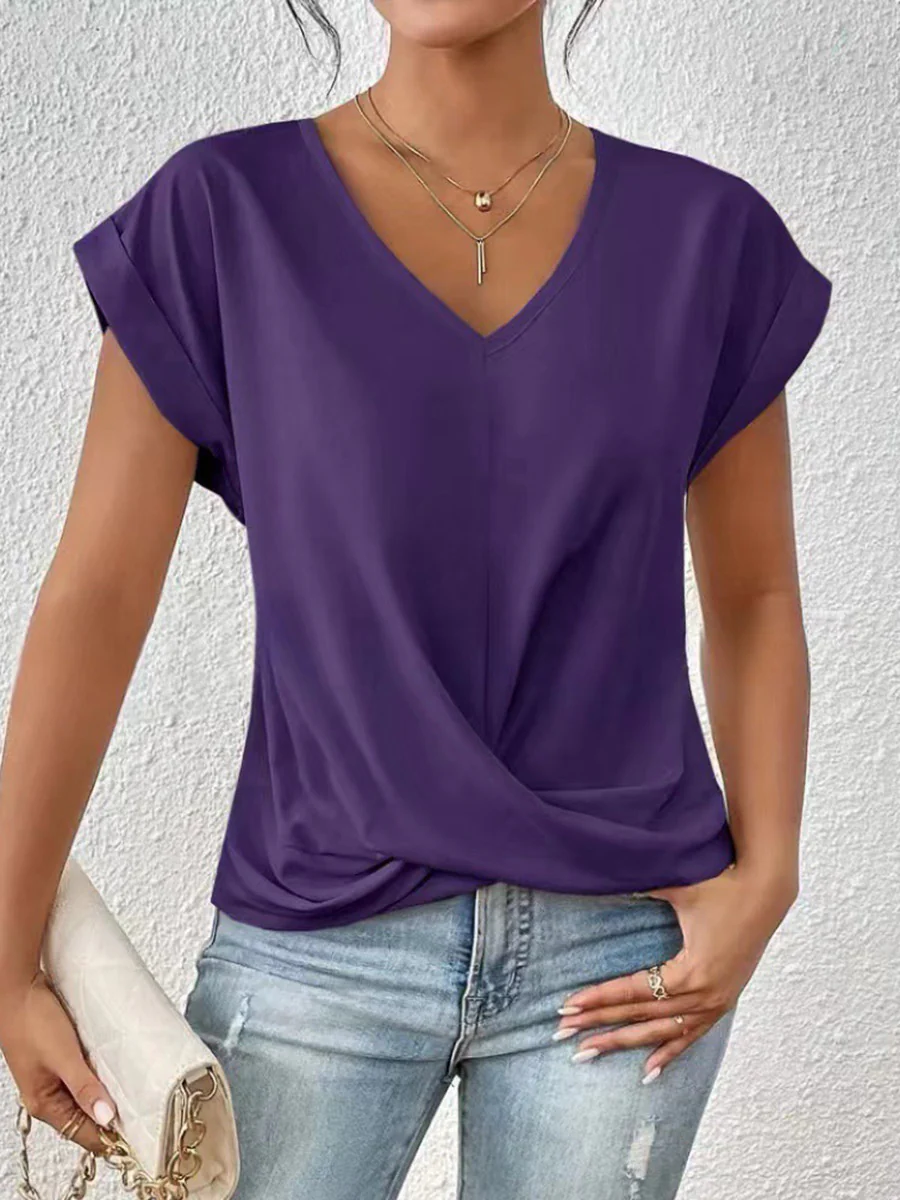 Loose Plus Size Pleated Solid Color V-Neck T-Shirts Tops - Image 9