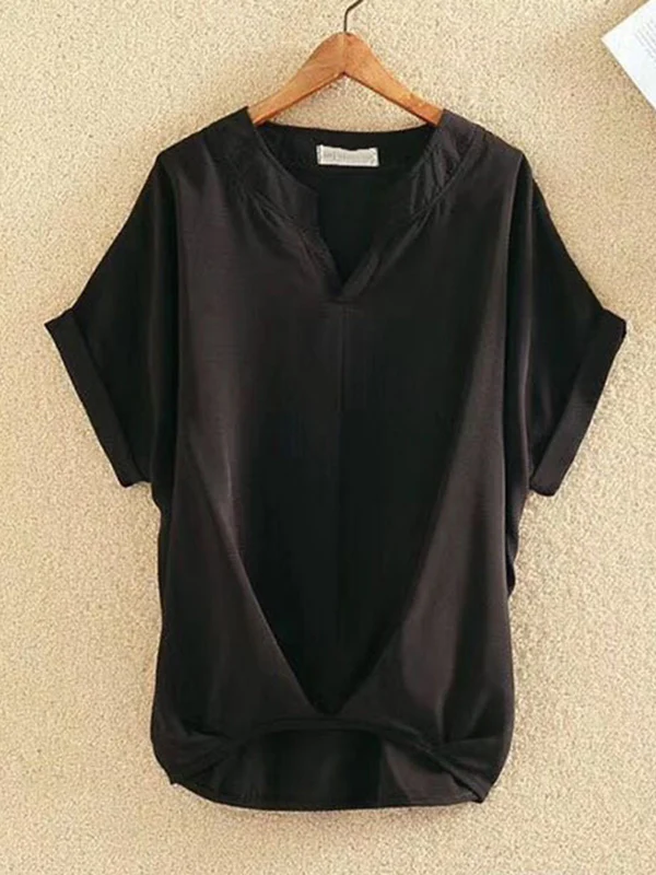 Loose Plus Size Pleated Solid Color V-Neck T-Shirts Tops - Image 10