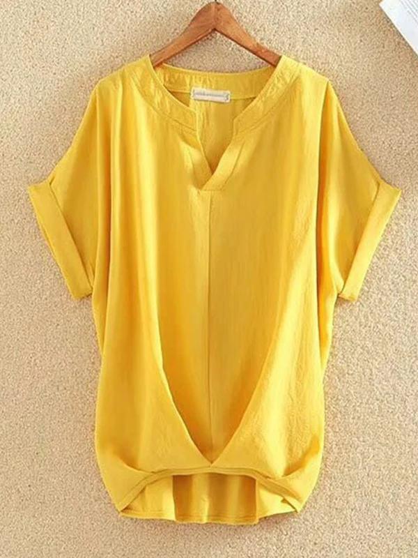 Loose Plus Size Pleated Solid Color V-Neck T-Shirts Tops - Image 11