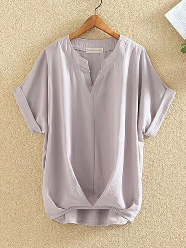 Loose Plus Size Pleated Solid Color V-Neck T-Shirts Tops - Image 12
