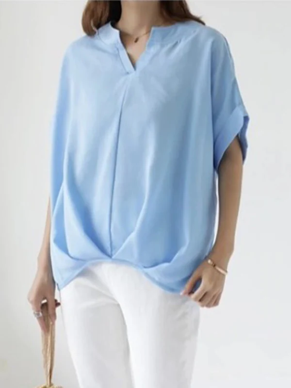 Loose Plus Size Pleated Solid Color V-Neck T-Shirts Tops - Image 2
