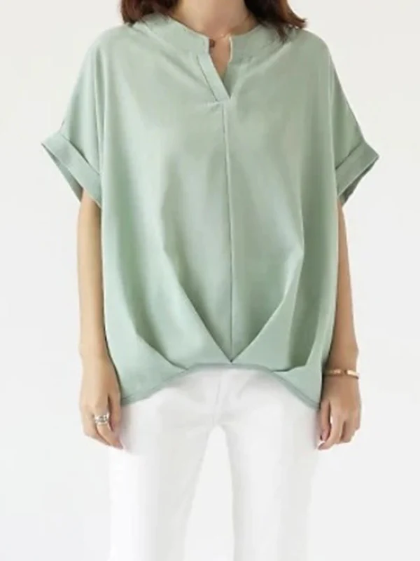Loose Plus Size Pleated Solid Color V-Neck T-Shirts Tops - Image 3