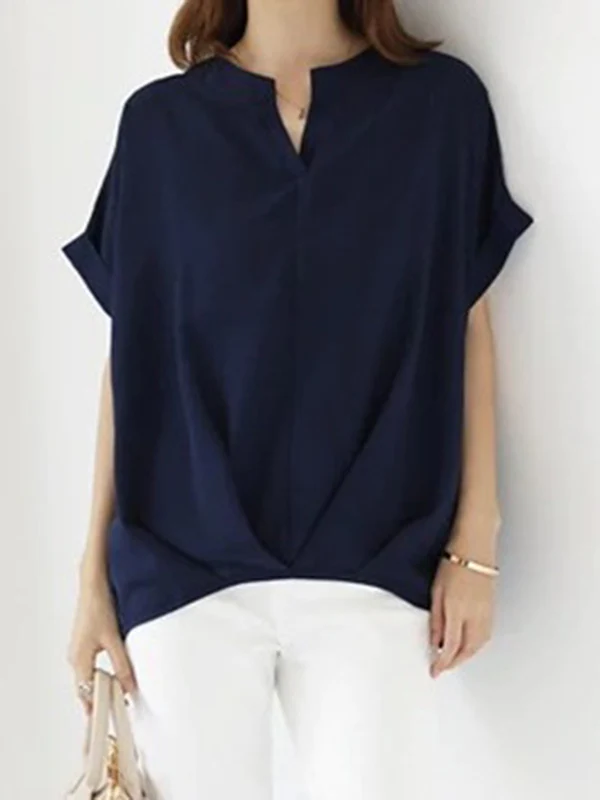 Loose Plus Size Pleated Solid Color V-Neck T-Shirts Tops - Image 4