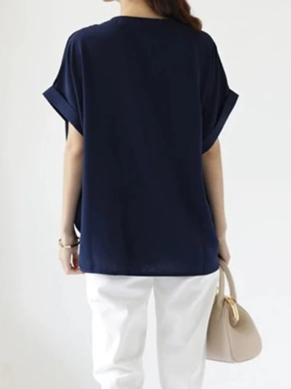 Loose Plus Size Pleated Solid Color V-Neck T-Shirts Tops - Image 5