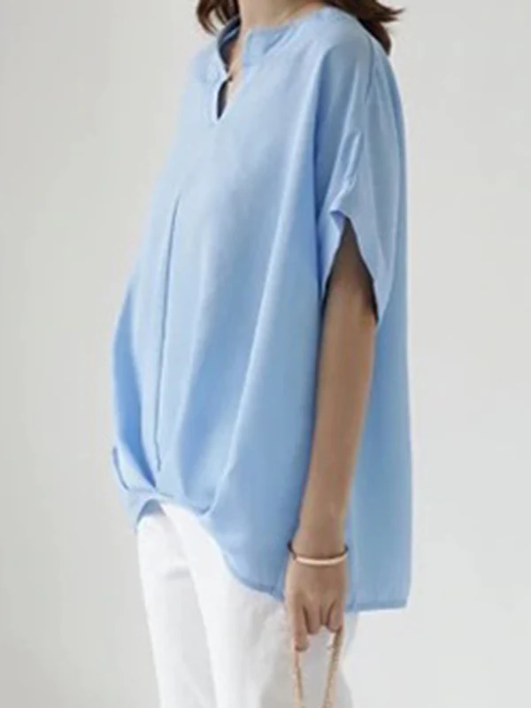 Loose Plus Size Pleated Solid Color V-Neck T-Shirts Tops - Image 6