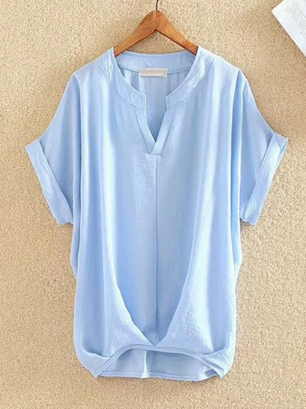 Loose Plus Size Pleated Solid Color V-Neck T-Shirts Tops - Image 7