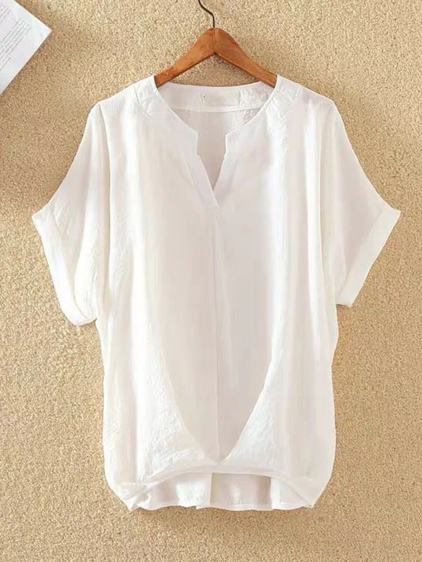 Loose Plus Size Pleated Solid Color V-Neck T-Shirts Tops - Image 8