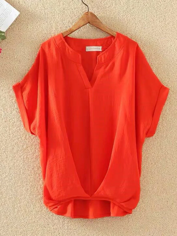 Loose Plus Size Pleated Solid Color V-Neck T-Shirts Tops - Image 9