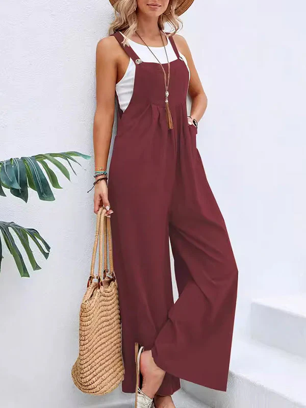 Loose Plus Size Pleated Split-Joint Square-Neck Overalls - Image 3
