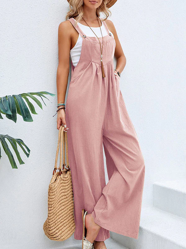 Loose Plus Size Pleated Split-Joint Square-Neck Overalls - Image 4
