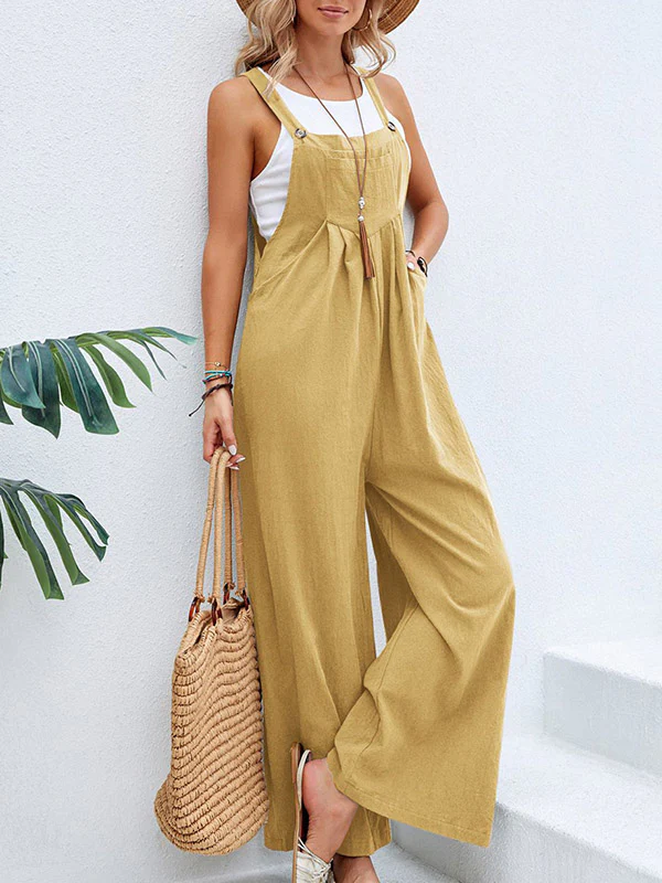 Loose Plus Size Pleated Split-Joint Square-Neck Overalls - Image 5