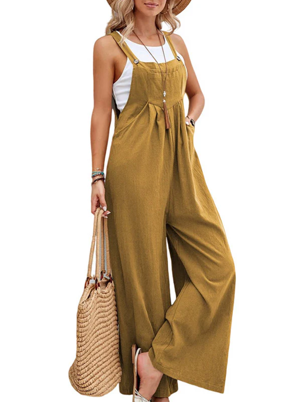 Loose Plus Size Pleated Split-Joint Square-Neck Overalls - Image 6
