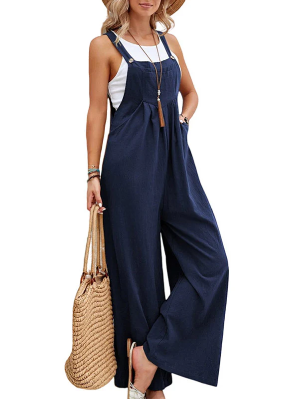 Loose Plus Size Pleated Split-Joint Square-Neck Overalls - Image 7
