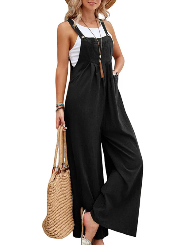 Loose Plus Size Pleated Split-Joint Square-Neck Overalls - Image 8