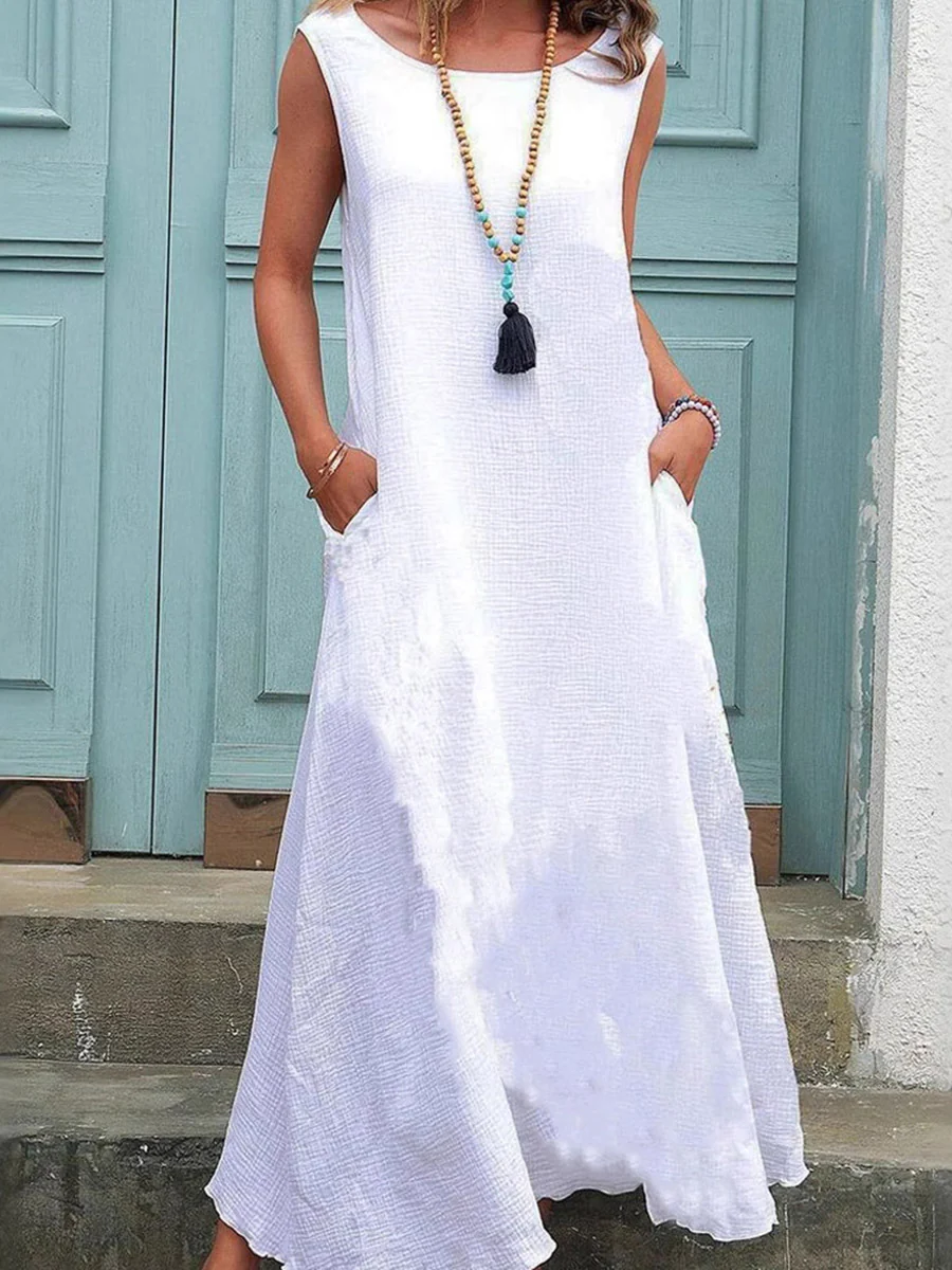 Loose Plus Size Pockets Solid Color Boat Neck Maxi Dresses