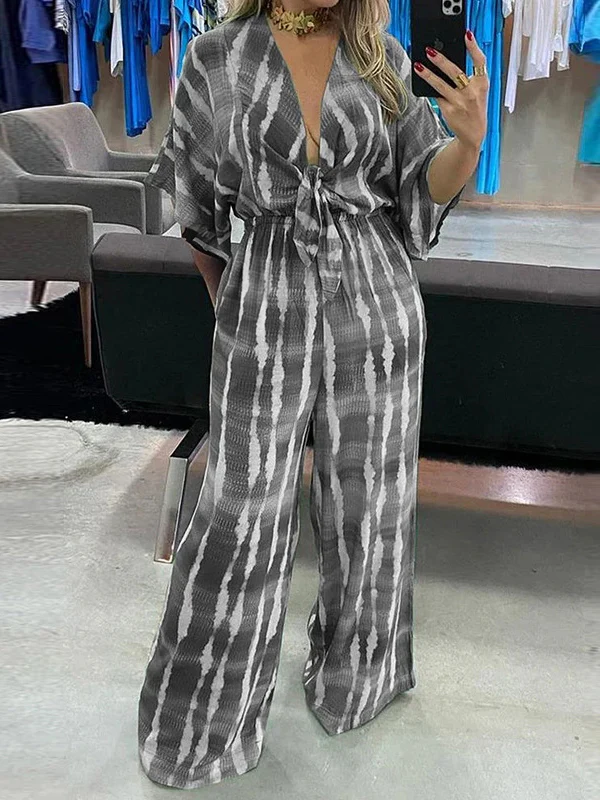 Loose Plus Size Printed Split-Joint Deep V-Neck Jumpsuits - Image 2