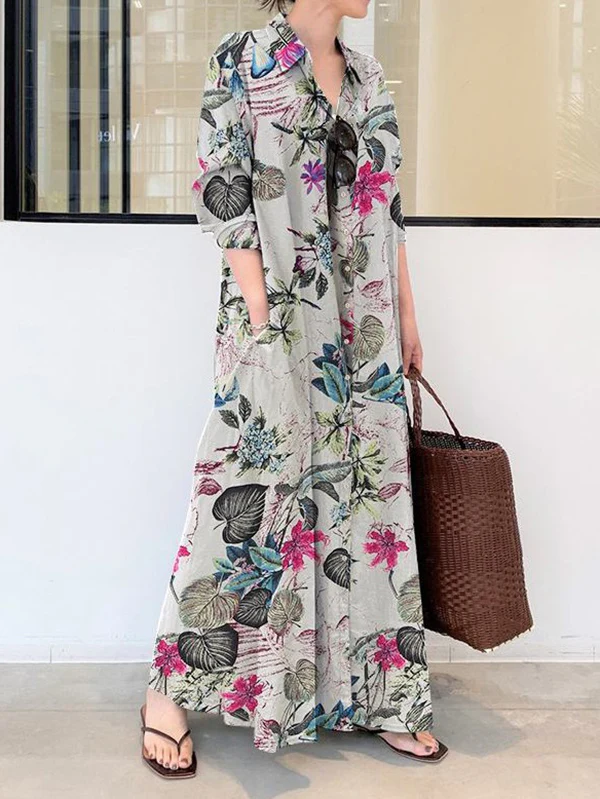 Loose Plus Size Printed Split-Joint Lapel Maxi Dresses Shirt Dress - Image 2