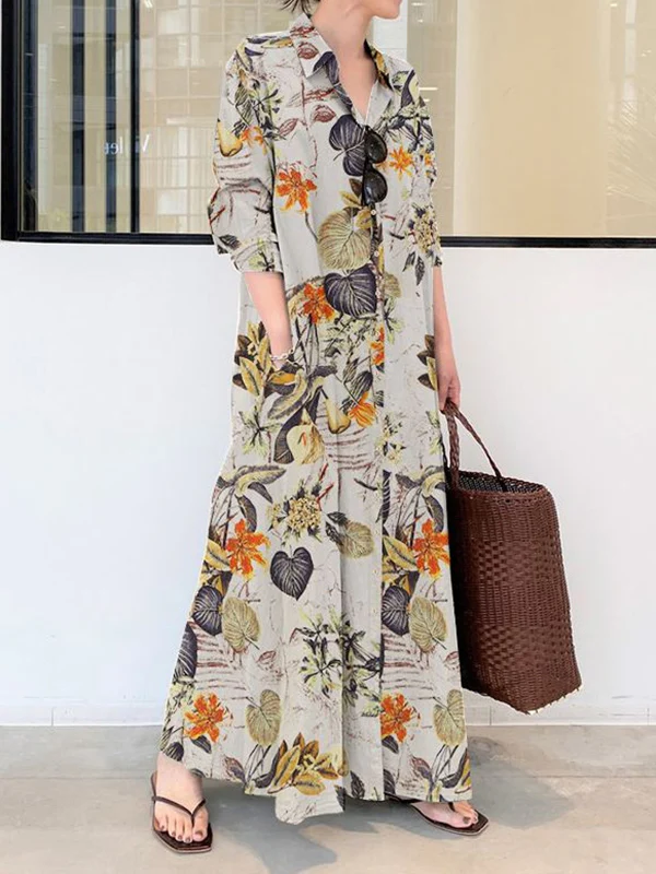 Loose Plus Size Printed Split-Joint Lapel Maxi Dresses Shirt Dress - Image 3