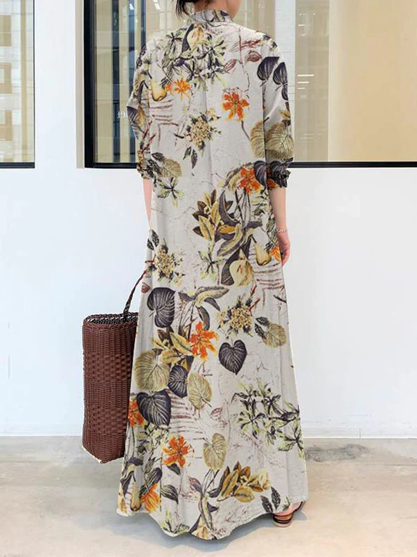 Loose Plus Size Printed Split-Joint Lapel Maxi Dresses Shirt Dress - Image 4
