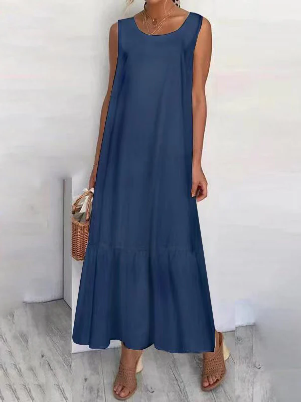 Loose Plus Size See-Through Solid Color Split-Joint Round-Neck Maxi Dresses - Image 2