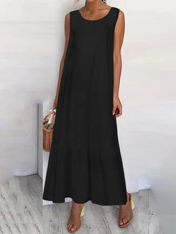Loose Plus Size See-Through Solid Color Split-Joint Round-Neck Maxi Dresses - Image 3
