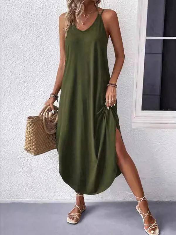 Loose Plus Size Solid Color Spaghetti-Neck Maxi Dresses - Image 10