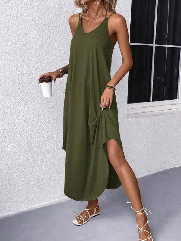 Loose Plus Size Solid Color Spaghetti-Neck Maxi Dresses - Image 11