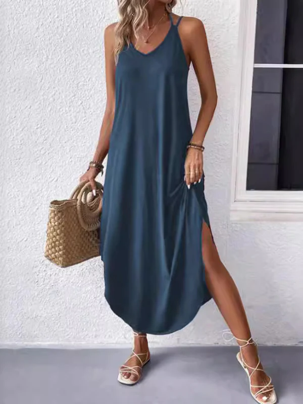 Loose Plus Size Solid Color Spaghetti-Neck Maxi Dresses - Image 5