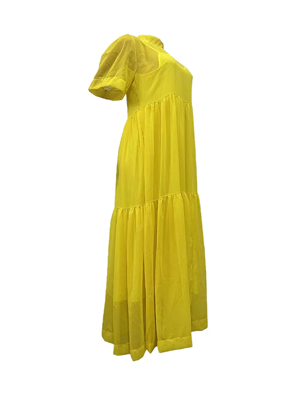 Loose Plus Size Mesh Pleated Solid Color Split-Joint Mock Neck Maxi Dresses Two Pieces Set - Image 10
