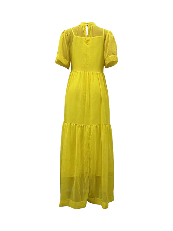 Loose Plus Size Mesh Pleated Solid Color Split-Joint Mock Neck Maxi Dresses Two Pieces Set - Image 11