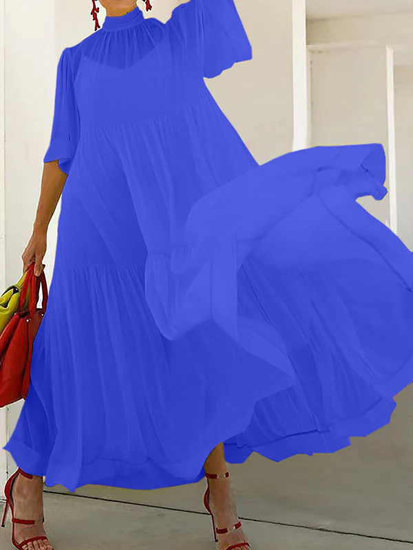 Loose Plus Size Mesh Pleated Solid Color Split-Joint Mock Neck Maxi Dresses Two Pieces Set - Image 2