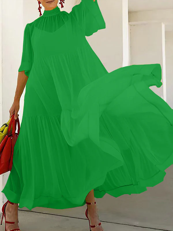 Loose Plus Size Mesh Pleated Solid Color Split-Joint Mock Neck Maxi Dresses Two Pieces Set - Image 3