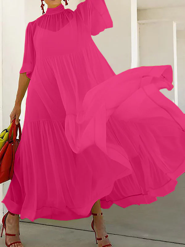 Loose Plus Size Mesh Pleated Solid Color Split-Joint Mock Neck Maxi Dresses Two Pieces Set - Image 4