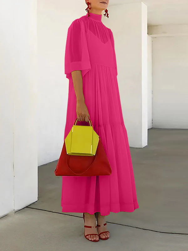 Loose Plus Size Mesh Pleated Solid Color Split-Joint Mock Neck Maxi Dresses Two Pieces Set - Image 5