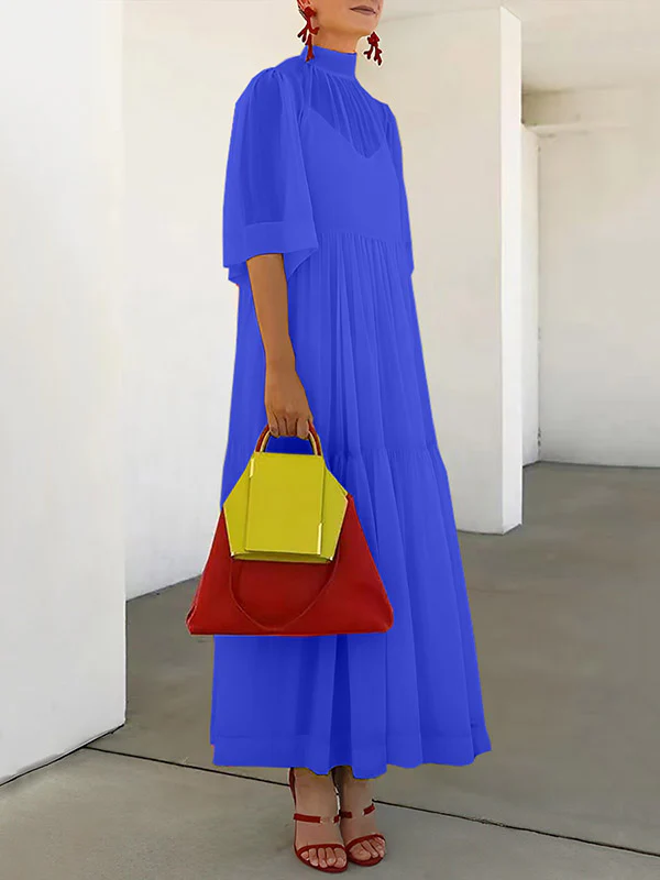 Loose Plus Size Mesh Pleated Solid Color Split-Joint Mock Neck Maxi Dresses Two Pieces Set - Image 6
